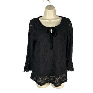 Notations Top Medium Black Lace Sheer Bell Sleeve Velvet Trim Whimsigoth‎ Y2K